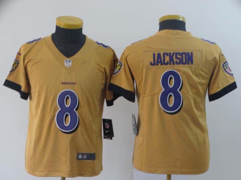 Youth Baltimore Ravens #8 Lamar Jackson Gold Inverted Legend Stitched NFL Jersey
