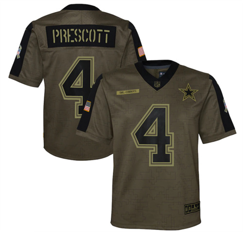 Youth Dallas Cowboys #4 Dak Prescott 2021 Olive Salute To Service Limited Stitched Jersey