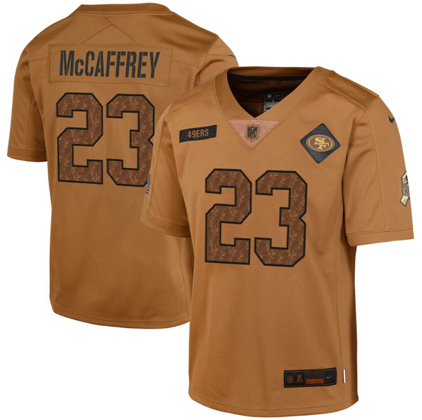 Youth San Francisco 49ers #23 Christian McCaffrey 2023 Brown Salute To Service Limited Football Stitched Jersey