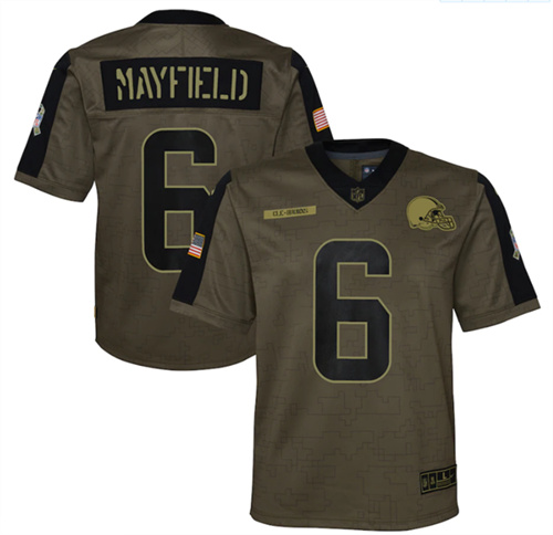 Youth Cleveland Browns #6 Baker Mayfield 2021 Olive Salute To Service Limited Stitched Jersey