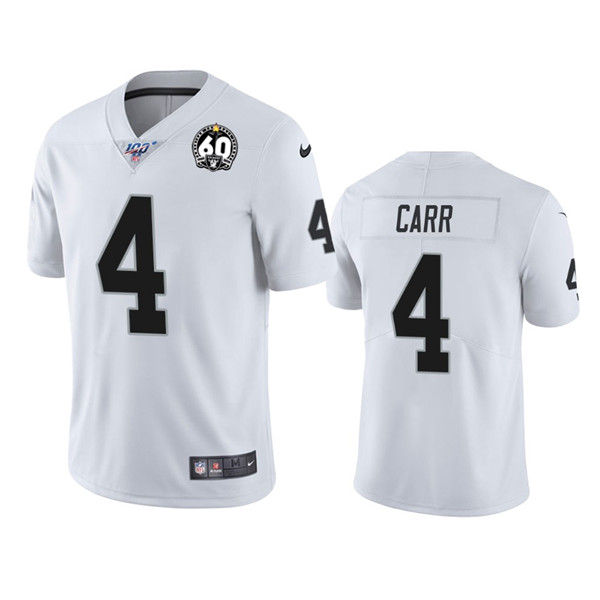 Youth Oakland Raiders #4 Derek Carr White 2019 100th Season With 60 Patch Vapor Untouchable Limited Stitched NFL Jersey