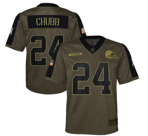 Youth Cleveland Browns #24 Nick Chubb 2021 Olive Salute To Service Limited Stitched Jersey