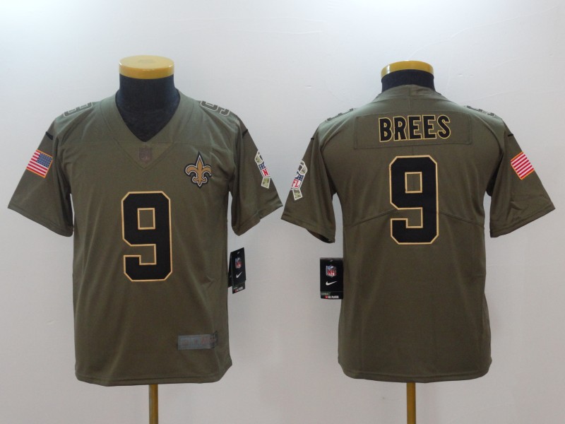 Youth New Orleans Saints #9 Drew Brees Green Salute To Service Limited Stitched NFL Jersey