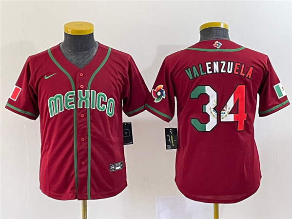 Youth Mexico Baseball #34 Fernando Valenzuela 2023 Red World Baseball Classic With Patch Stitched Jersey