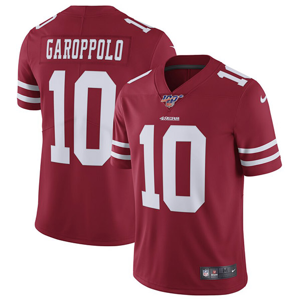 Youth NFL San Francisco 49ers #10 Jimmy Garoppolo With 100th Patch Red Vapor Untouchable Limited Stitched Jersey