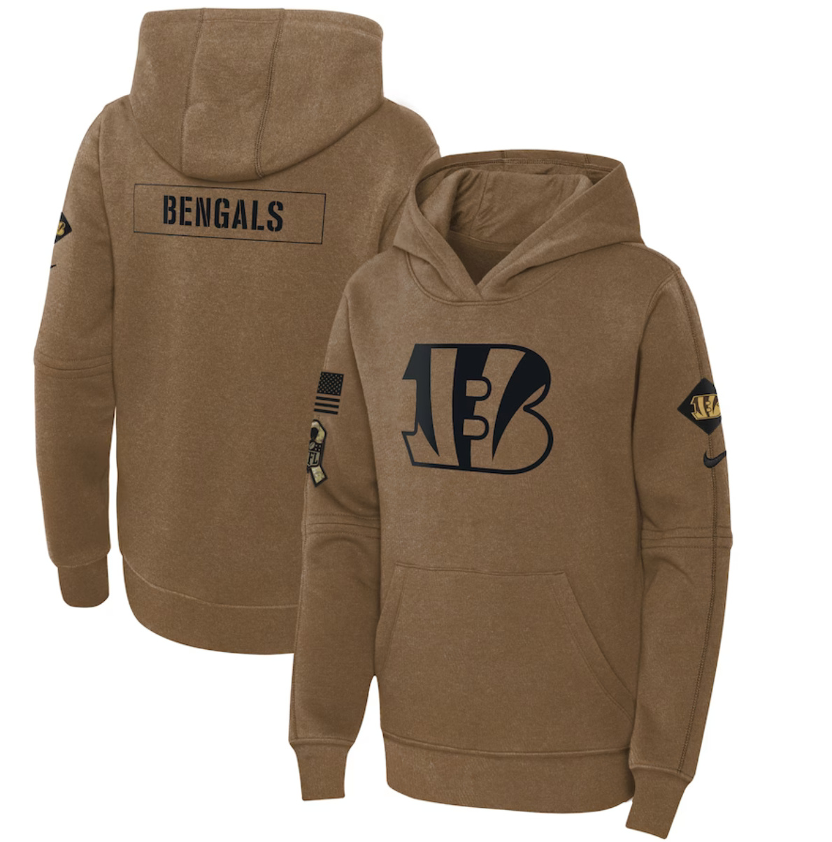 Youth Cincinnati Bengals 2023 Brown Salute To Service Pullover Hoodie