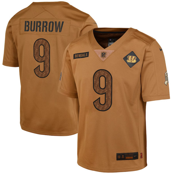Youth Cincinnati Bengals #9 Joe Burrow 2023 Brown Salute To Service Limited Football Stitched Jersey