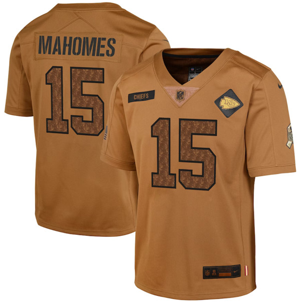 Youth Kansas City Chiefs #15 Patrick Mahomes 2023 Brown Salute To Service Limited Football Stitched Jersey