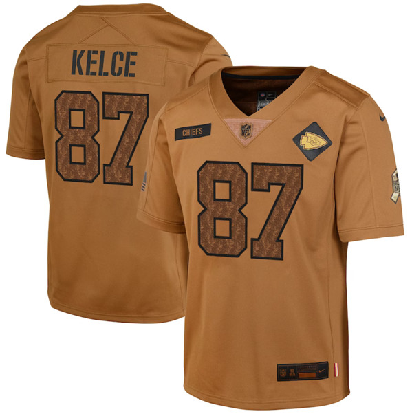 Youth Kansas City Chiefs #87 Travis Kelce 2023 Brown Salute To Service Limited Football Stitched Jersey