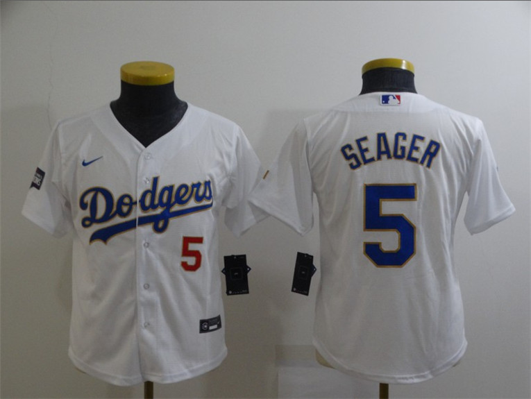 Youth Los Angeles Dodgers #5 Corey Seager White Gold Championship Cool Base Stitched Jersey