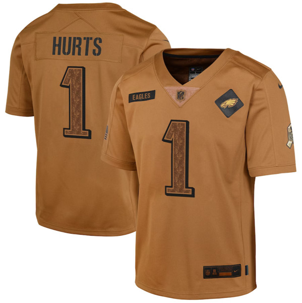 Youth Philadelphia Eagles #1 Jalen Hurts 2023 Brown Salute To Service Limited Football Stitched Jersey
