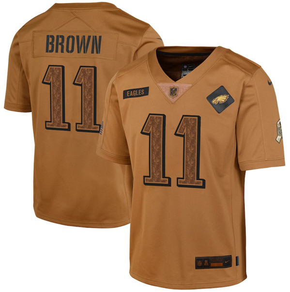 Youth Philadelphia Eagles #11 A. J. Brown 2023 Brown Salute To Service Limited Football Stitched Jersey