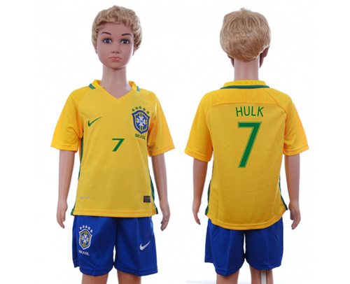 Brazil #7 Hulk Home Kid Soccer Country Jersey
