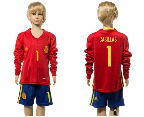 Spain #1 Casillas Red Home Long Sleeves Kid Soccer Country Jersey