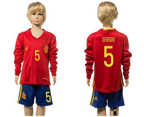 Spain #5 Sergio Red Home Long Sleeves Kid Soccer Country Jersey