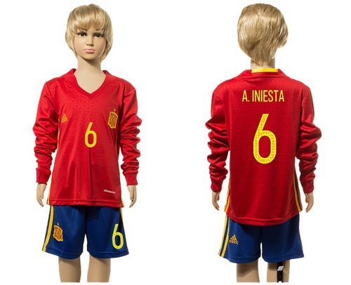 Spain #6 A.Iniesta Red Home Long Sleeves Kid Soccer Country Jersey