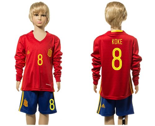 Spain #8 Koke Red Home Long Sleeves Kid Soccer Country Jersey