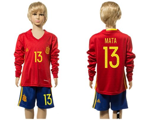 Spain #13 Mata Red Home Long Sleeves Kid Soccer Country Jersey