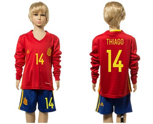 Spain #14 Thiago Red Home Long Sleeves Kid Soccer Country Jersey