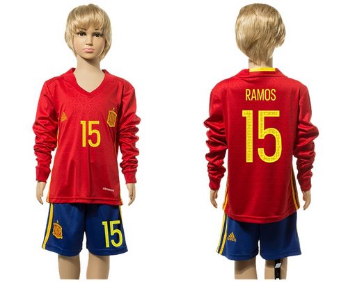 Spain #15 Ramos Red Home Long Sleeves Kid Soccer Country Jersey