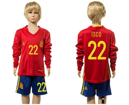 Spain #22 Isco Red Home Long Sleeves Kid Soccer Country Jersey