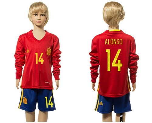 Spain #14 Alonso Red Home Long Sleeves Kid Soccer Country Jersey