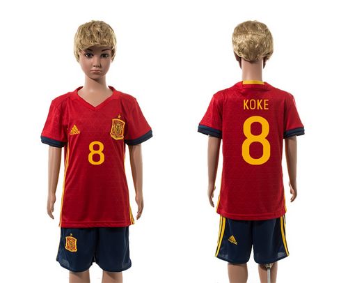 Spain #8 Koke Red Home Kid Soccer Country Jersey