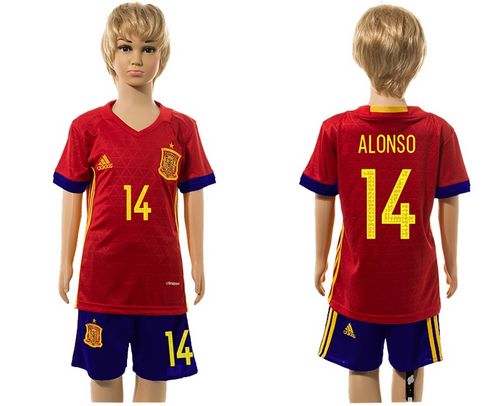 Spain #14 Alonso Red Home Kid Soccer Country Jersey