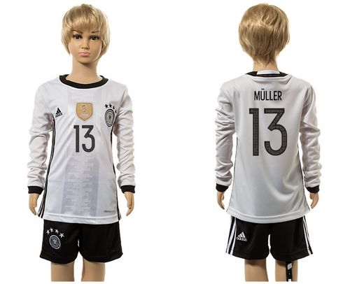 Germany #13 Muller White Home Long Sleeve Kid Soccer Country Jersey