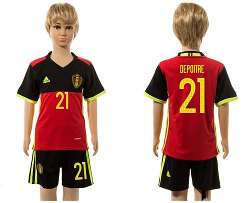 Belgium #21 Depoitre Red Home Kid Soccer Country Jersey