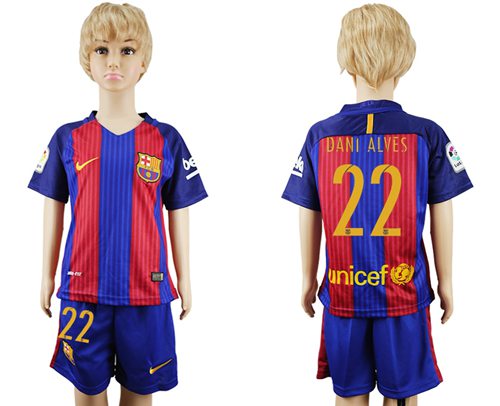 Barcelona #22 Dani Alves Home Kid Soccer Club Jersey