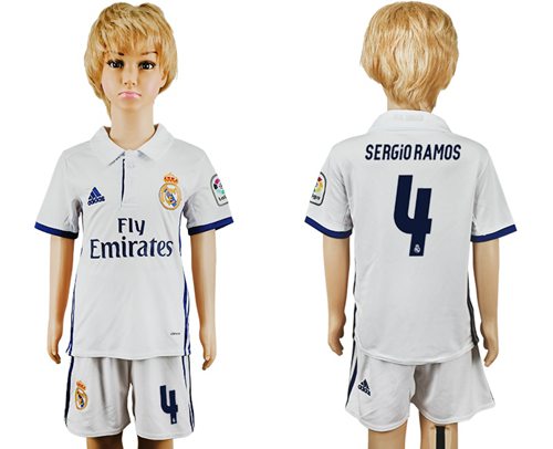Real Madrid #4 Sergio Ramos White Home Kid Soccer Club Jersey
