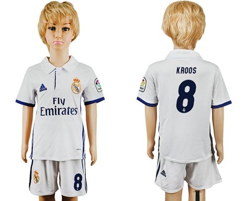 Real Madrid #8 Kroos White Home Kid Soccer Club Jersey