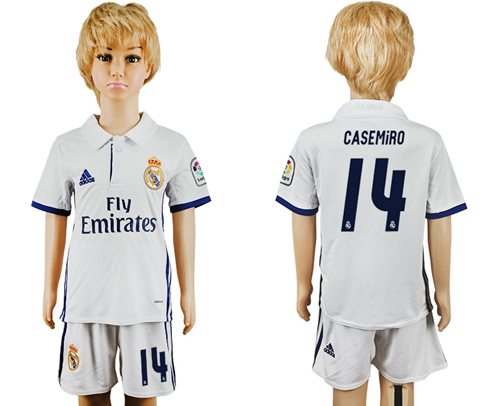 Real Madrid #14 Casemiro White Home Kid Soccer Club Jersey