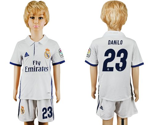 Real Madrid #23 Danilo White Home Kid Soccer Club Jersey