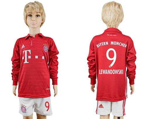 Bayern Munchen #9 Lewandowski Home Long Sleeves Kid Soccer Club Jersey