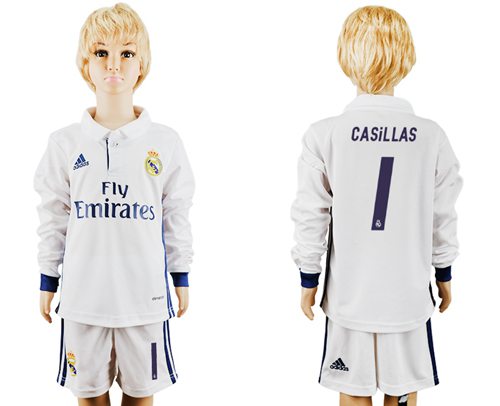 Real Madrid #1 Casillas Home Long Sleeves Kid Soccer Club Jersey