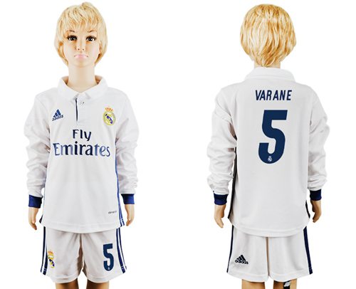 Real Madrid #5 Varane Home Long Sleeves Kid Soccer Club Jersey