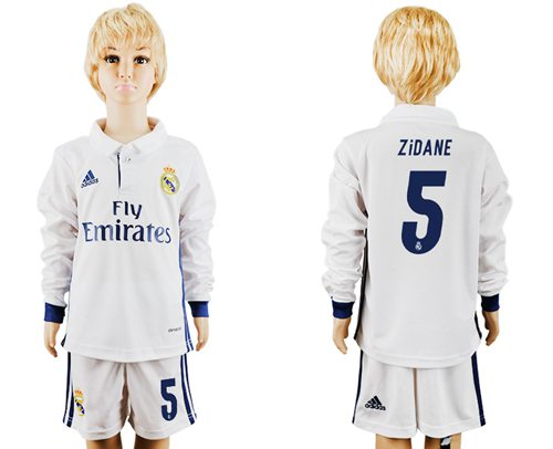 Real Madrid #5 Zidane Home Long Sleeves Kid Soccer Club Jersey