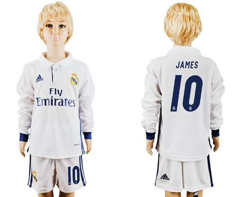Real Madrid #10 James Home Long Sleeves Kid Soccer Club Jersey