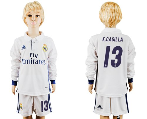 Real Madrid #13 K.Casilla Home Long Sleeves Kid Soccer Club Jersey