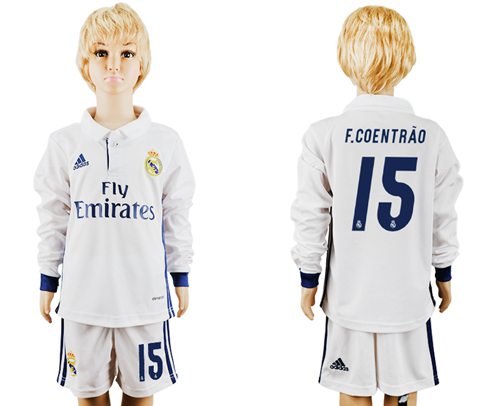 Real Madrid #15 F.Coentrao Home Long Sleeves Kid Soccer Club Jersey