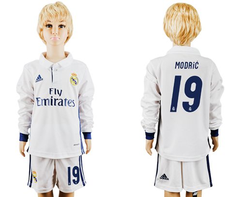 Real Madrid #19 Modric Home Long Sleeves Kid Soccer Club Jersey