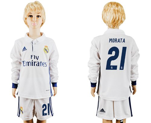 Real Madrid #21 Morata Home Long Sleeves Kid Soccer Club Jersey