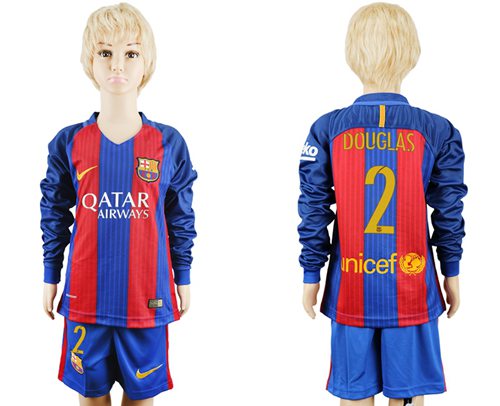 Barcelona #2 Douglas Home Long Sleeves Kid Soccer Club Jersey