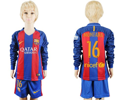 Barcelona #16 Montana Home Long Sleeves Kid Soccer Club Jersey