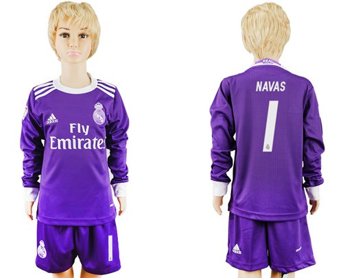 Real Madrid #1 Navas Away Long Sleeves Kid Soccer Club Jersey