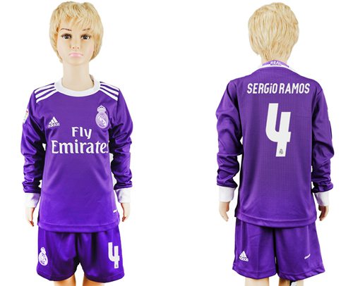 Real Madrid #4 Sergio Ramos Away Long Sleeves Kid Soccer Club Jersey
