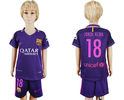 Barcelona #18 Jordi Alba Away Kid Soccer Club Jersey