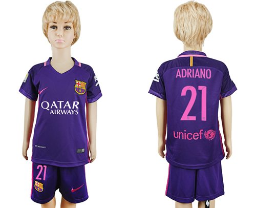 Barcelona #21 Adriano Away Kid Soccer Club Jersey